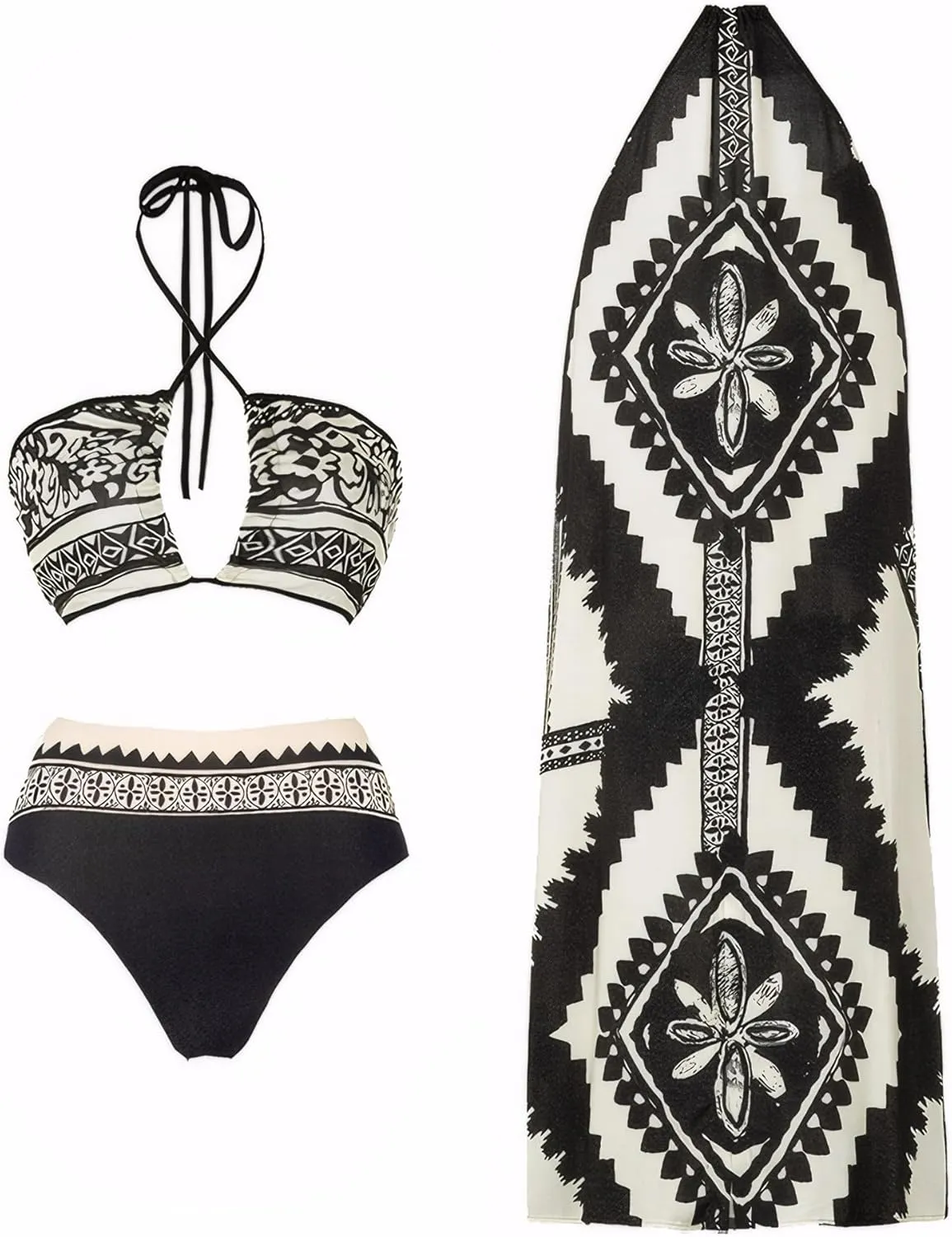 3 Piece Swimsuits for Women High Waisted Bikini Sets Retro Swimsuit with Cover up Beach Wrap Skirt