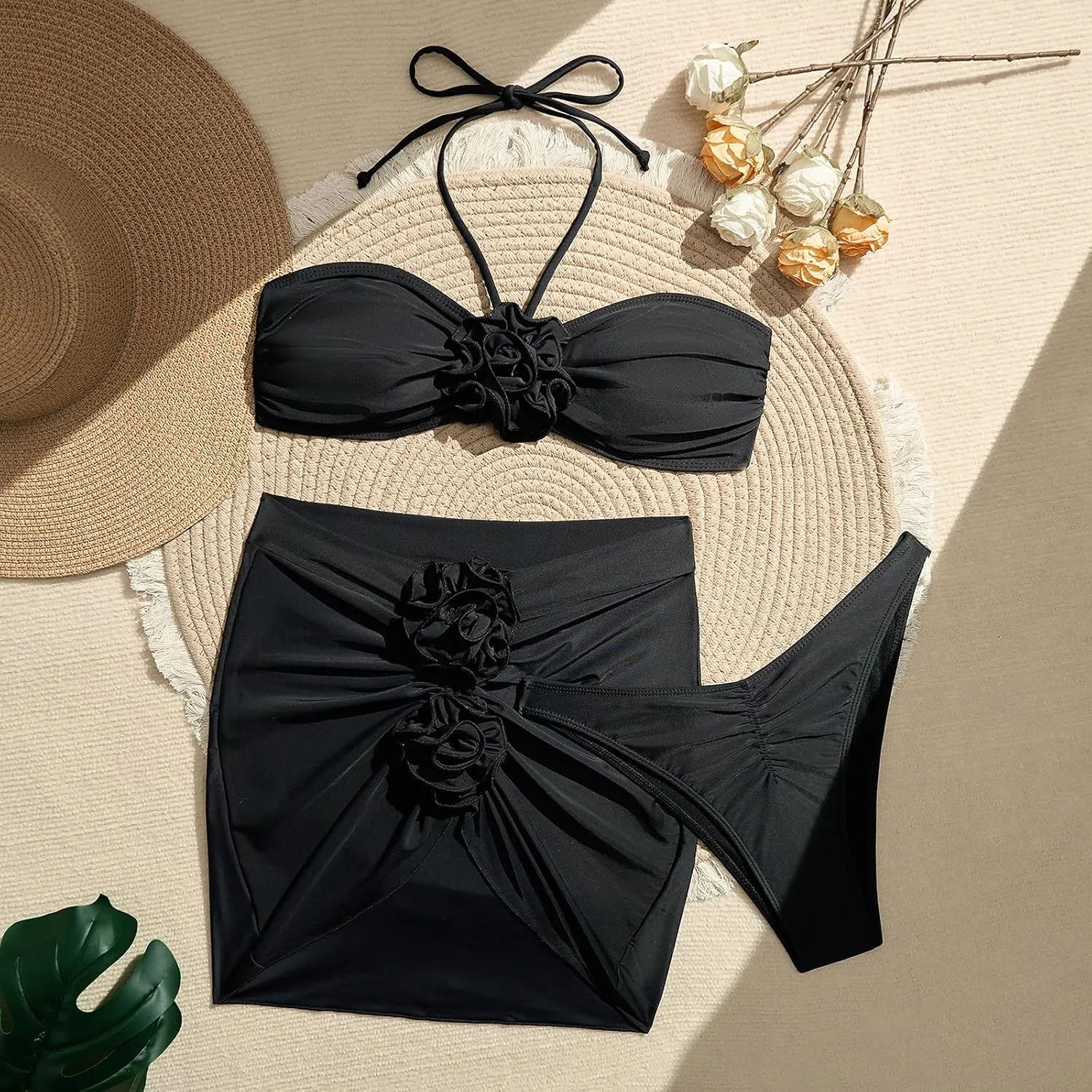 3 Piece Swimsuits for Women High Waisted Bikini Sets Retro Swimsuit with Cover up Beach Wrap Skirt