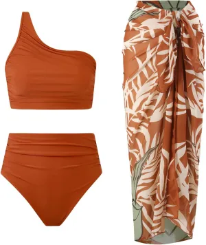 3 Piece Swimsuits for Women High Waisted Bikini Sets Retro Swimsuit with Cover up Beach Wrap Skirt