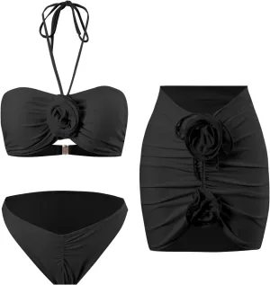 3 Piece Swimsuits for Women High Waisted Bikini Sets Retro Swimsuit with Cover up Beach Wrap Skirt