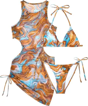 3 Piece Swimsuits Women Bikini Sets with Cover Up Halter Bathing Suit Set Sexy Cutout Coverup