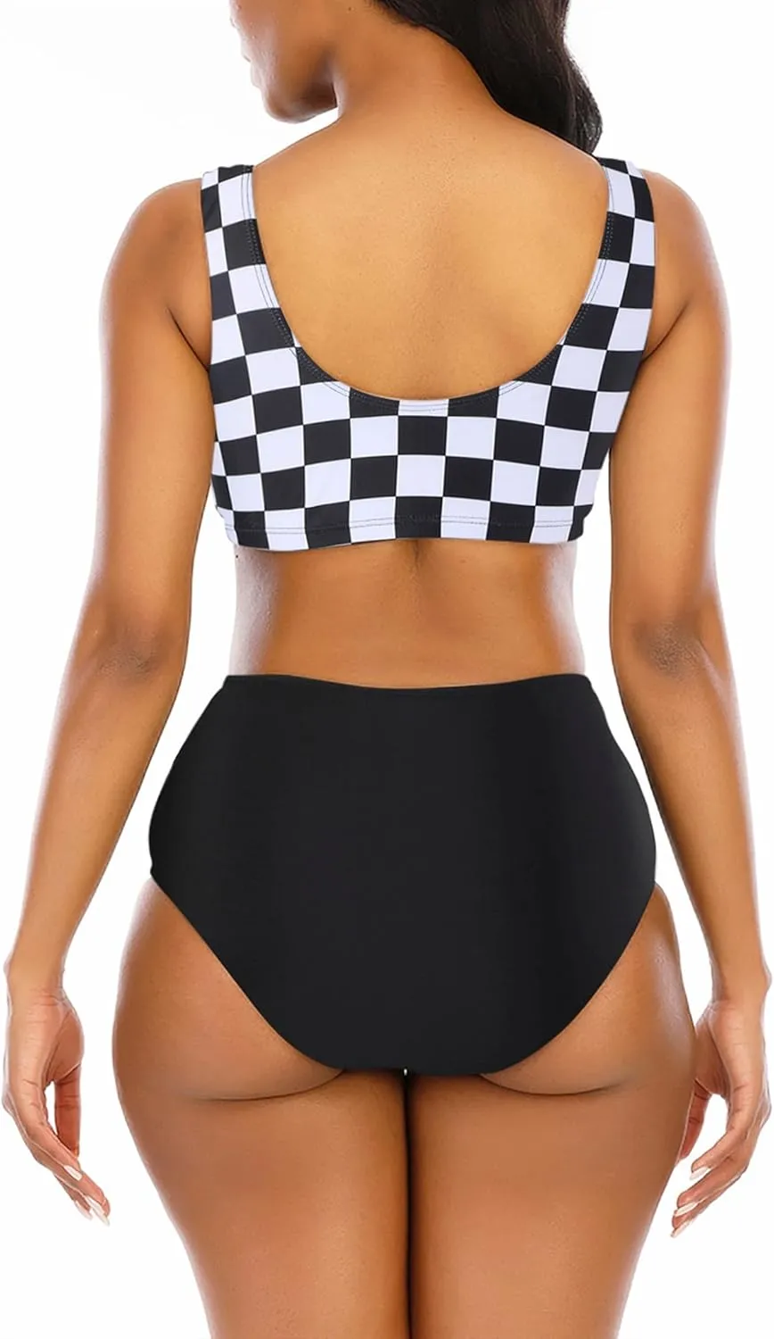 Adisputent Womens High Waisted Bikini Color Block Swimwear Bandeau Top Sports Style Scoop Crop Swimsuit 2 Piece Bathing Suits