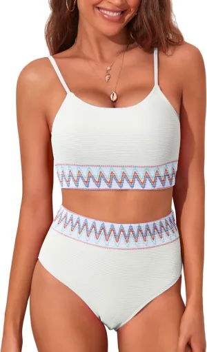 Adisputent Womens High Waisted Bikini Sets Scoop Neck Color Block Swimsuits Retro Two Piece Bathing Suits