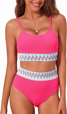Adisputent Womens High Waisted Bikini Sets Scoop Neck Color Block Swimsuits Retro Two Piece Bathing Suits