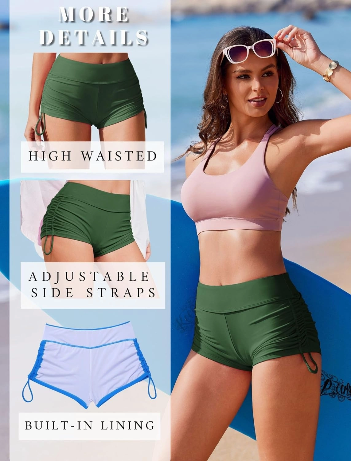 AI'MAGE Womens 3" Swim Board Shorts High Waisted Bathing Suit Bottoms Boy Shorts Adjustable Ruched Side Bikini Shorts S-XXL