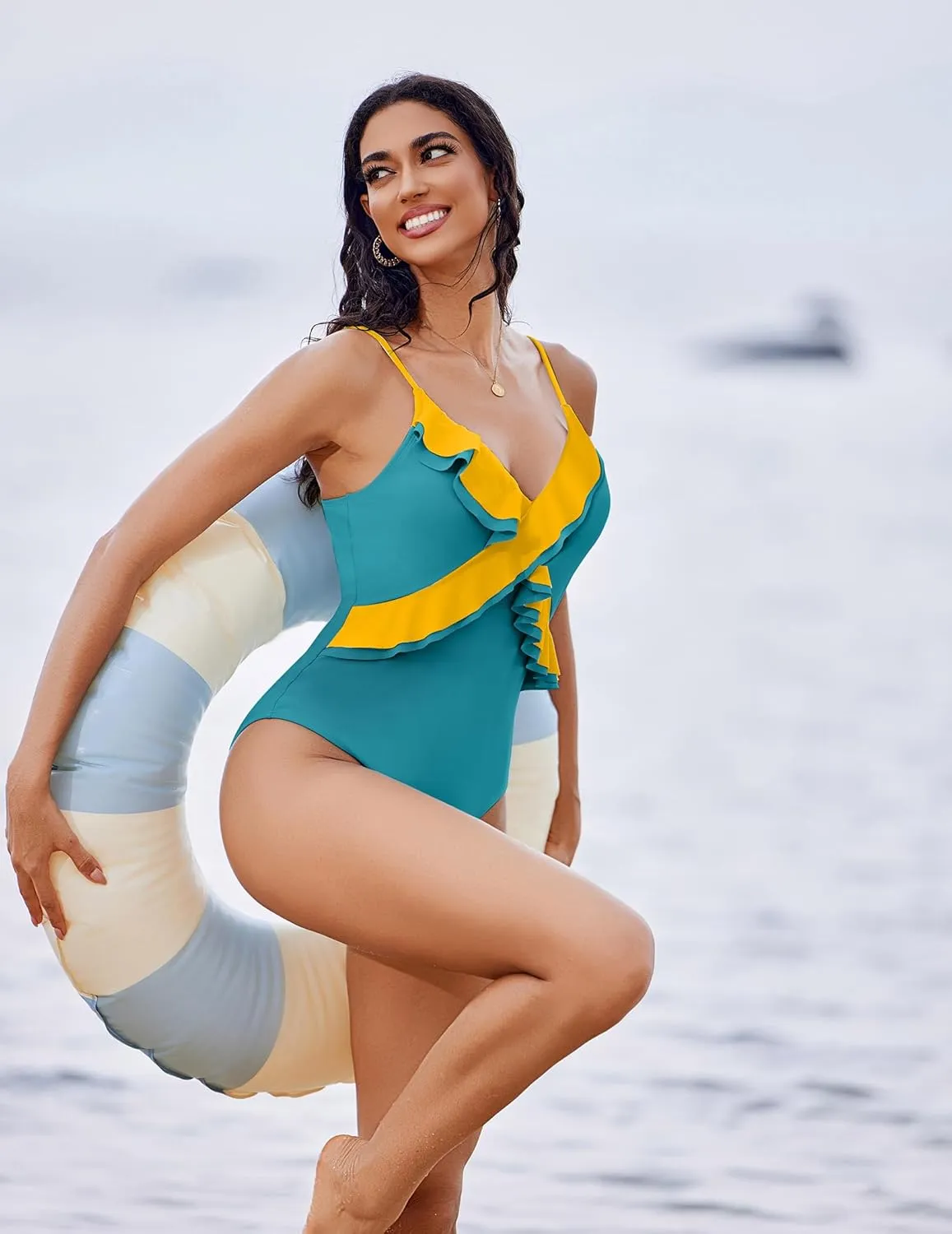 AI'MAGE One Piece Swimsuit for Women Tummy Control Ruffle Bathing Suit V Neck Push Up Swimwear S-XXL