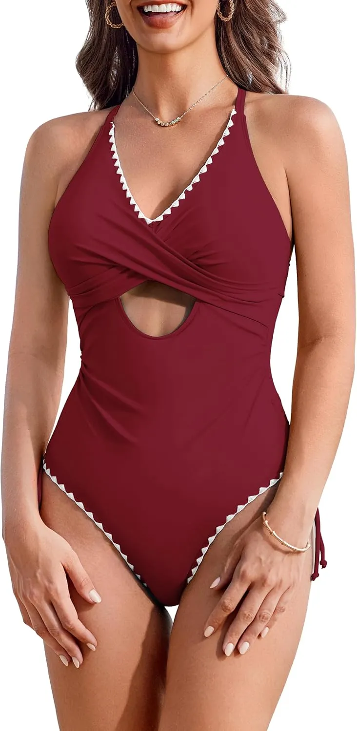 AI'MAGE Women One Piece Swimsuit 2025 Tummy Control Cutout Bathing Suit Wrap Tie Back Swimwear Shell Stitched