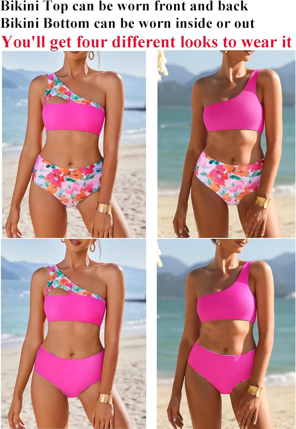 AI'MAGE Women's Bikini Sets Reversible Wear Cutout One Shoulder Top with Mid Waist Two Piece Bathing Suit