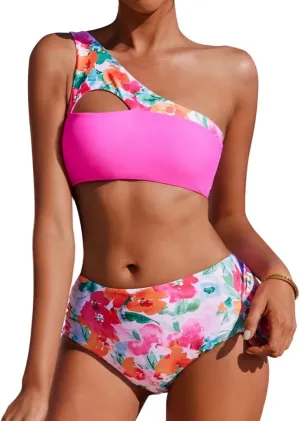 AI'MAGE Women's Bikini Sets Reversible Wear Cutout One Shoulder Top with Mid Waist Two Piece Bathing Suit
