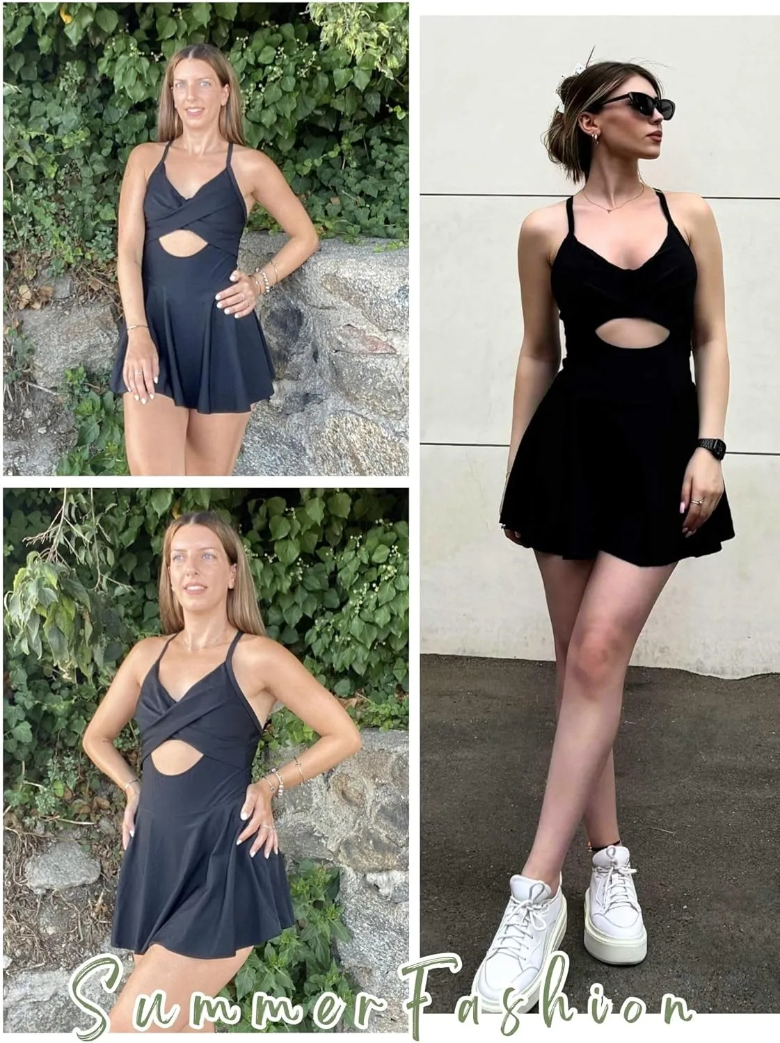 AI'MAGE Women's One Piece Swimdress V Neck Tie Back Skirt Swimsuit Push Up Tummy Control Bathing Suits