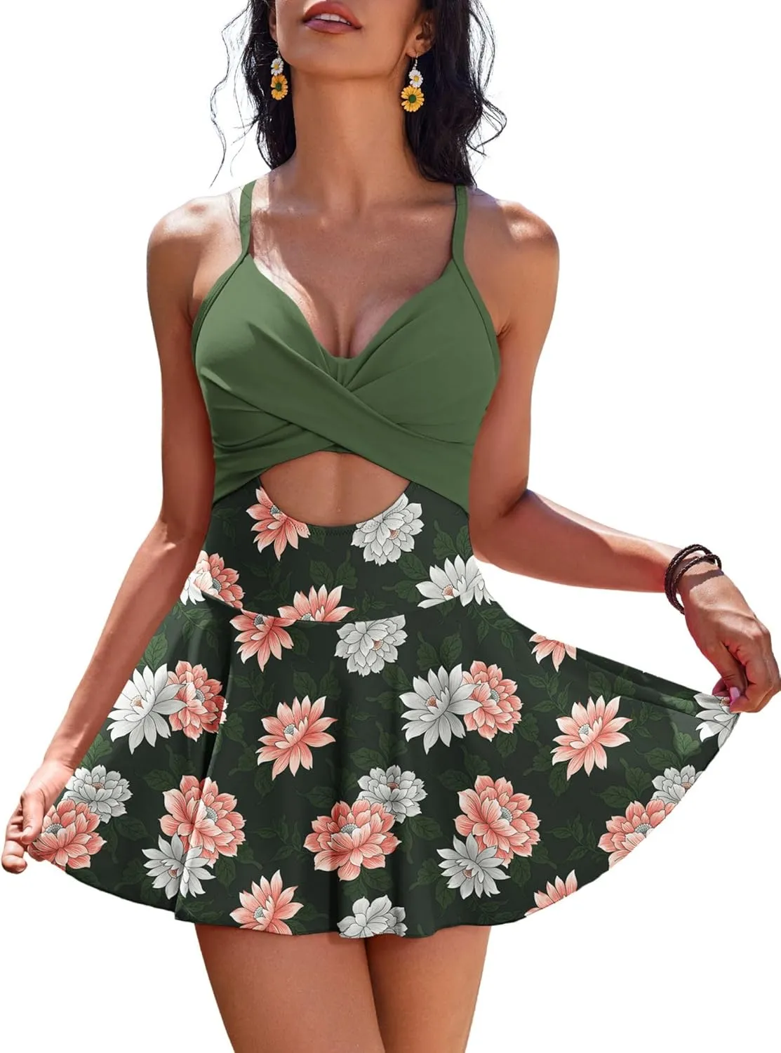 AI'MAGE Women's One Piece Swimdress V Neck Tie Back Skirt Swimsuit Push Up Tummy Control Bathing Suits