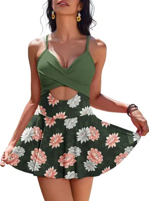 AI'MAGE Women's One Piece Swimdress V Neck Tie Back Skirt Swimsuit Push Up Tummy Control Bathing Suits