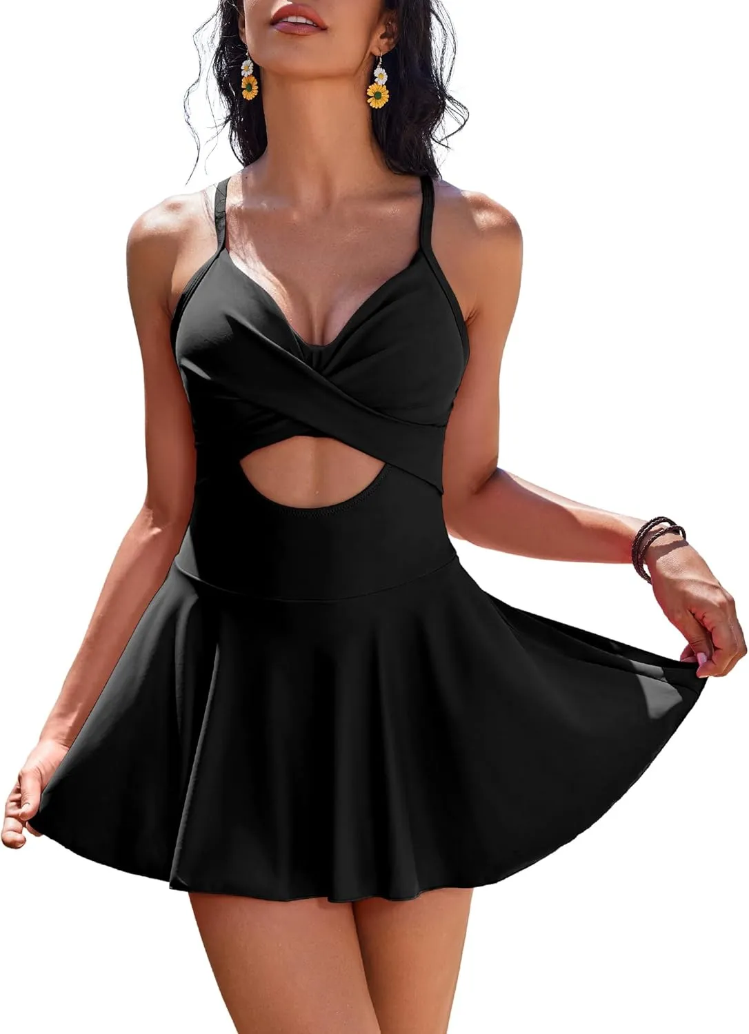 AI'MAGE Women's One Piece Swimdress V Neck Tie Back Skirt Swimsuit Push Up Tummy Control Bathing Suits