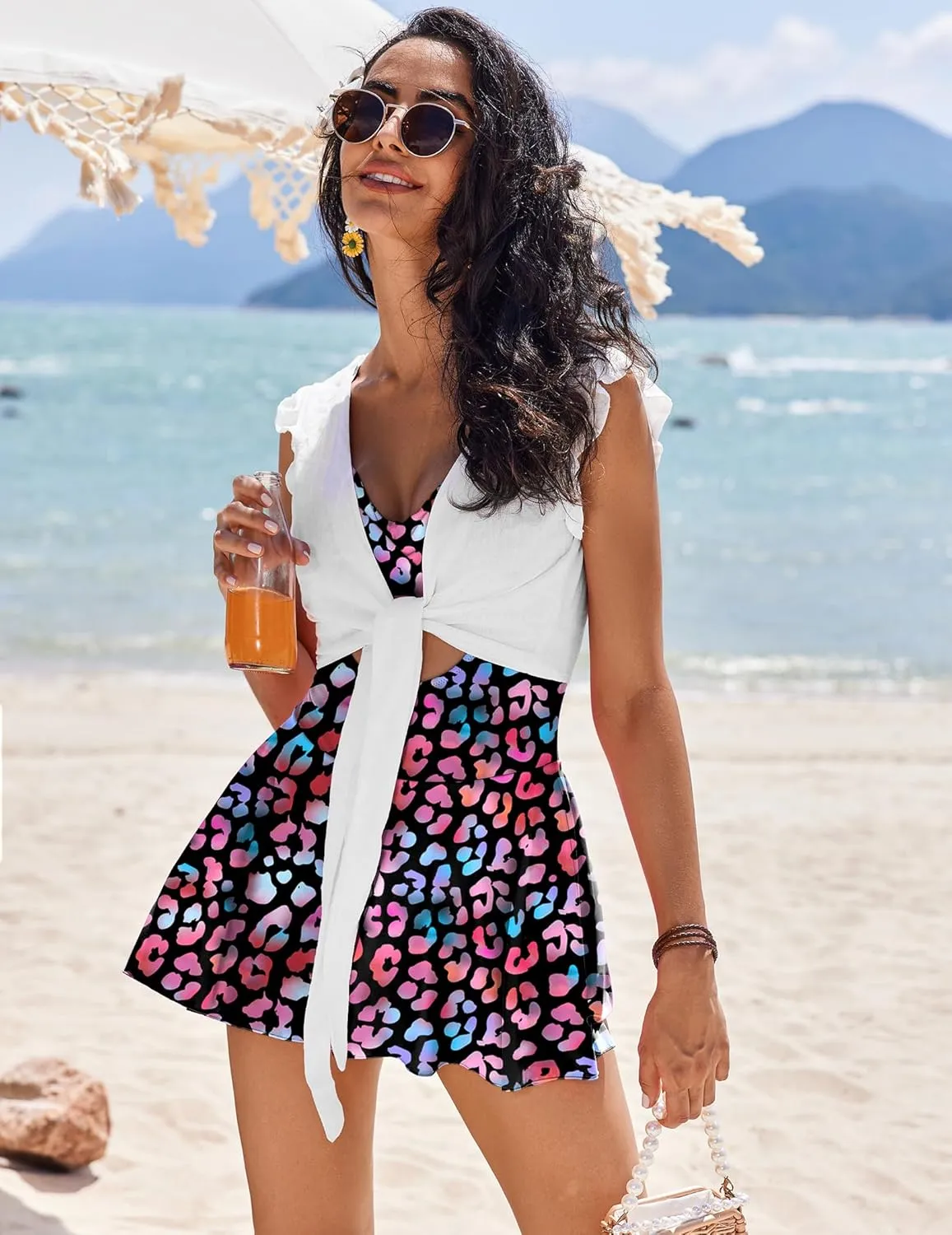 AI'MAGE Women's One Piece Swimdress V Neck Tie Back Skirt Swimsuit Push Up Tummy Control Bathing Suits
