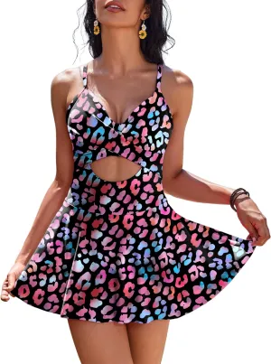 AI'MAGE Women's One Piece Swimdress V Neck Tie Back Skirt Swimsuit Push Up Tummy Control Bathing Suits