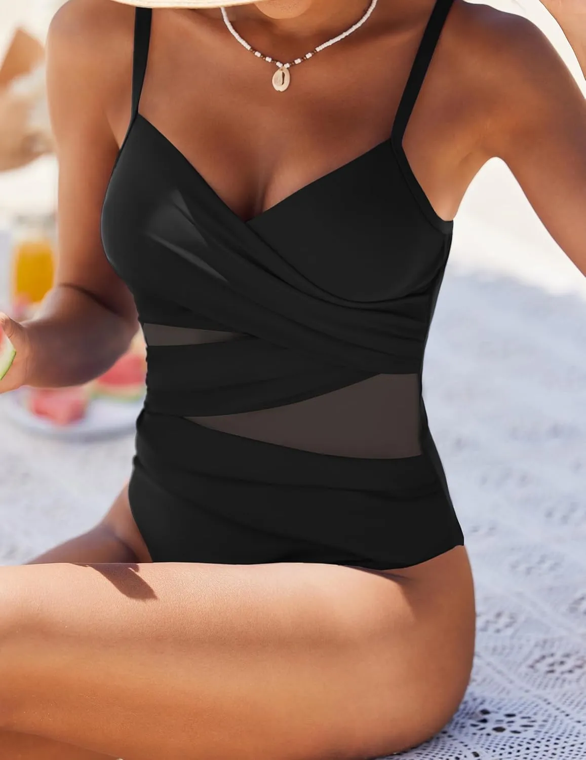 AI'MAGE Women's One Piece Swimsuit 2025 V Neck Ruched Mesh Bathing Suit Tummy Control Slimming Swimwear S-XXL