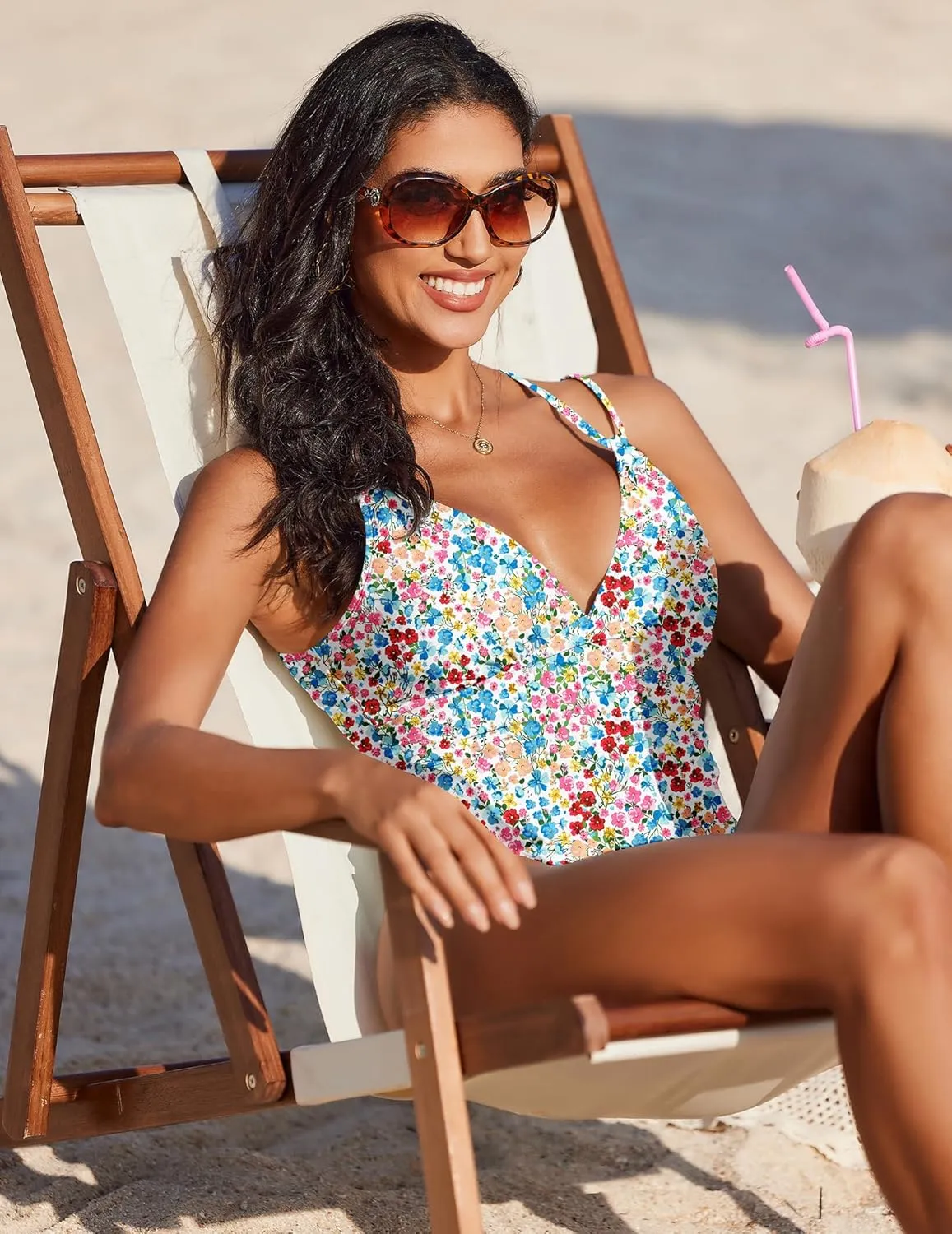 AI'MAGE Womens One Piece Swimsuit V Neck Ruched Bathing Suit Double Straps Crisscross Back Floral Print Swimwear S-XXL