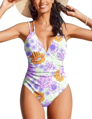 AI'MAGE Womens One Piece Swimsuit V Neck Ruched Bathing Suit Double Straps Crisscross Back Floral Print Swimwear S-XXL