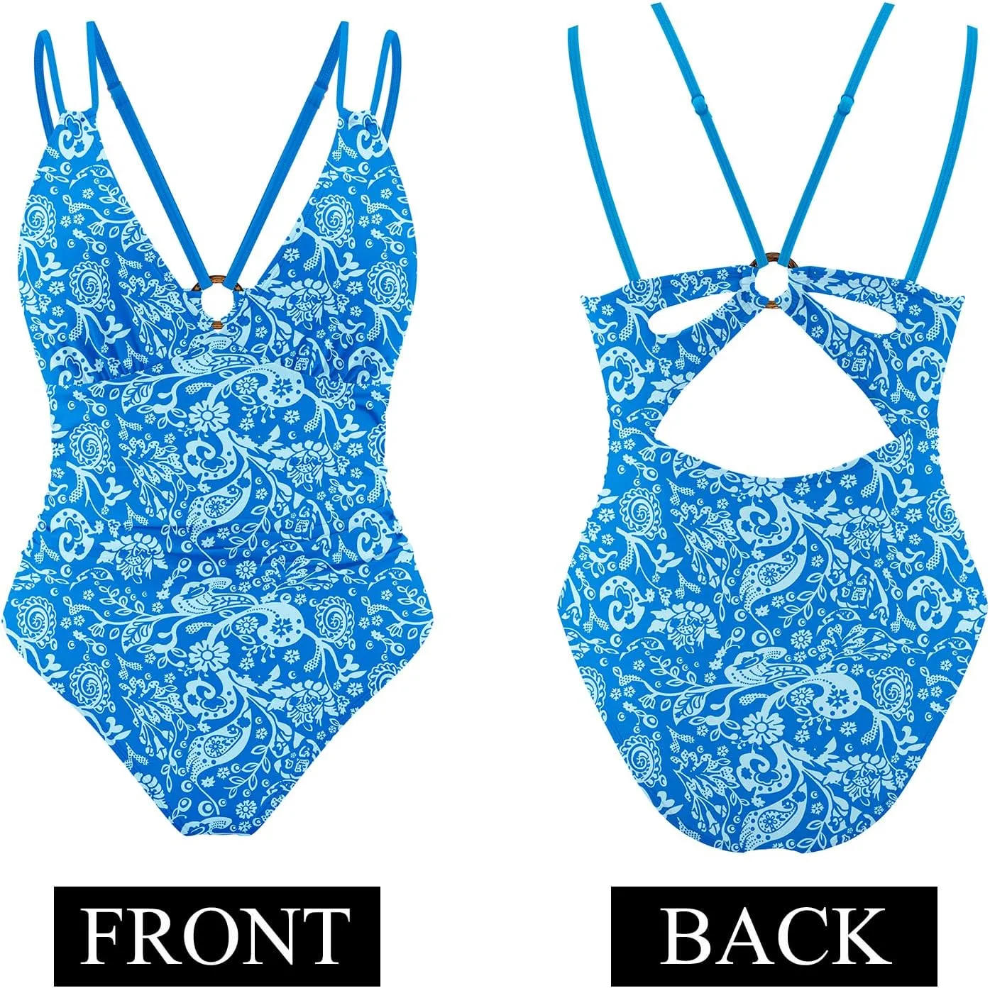 AI'MAGE Womens One Piece Swimsuit V Neck Ruched Bathing Suit Double Straps Crisscross Back Floral Print Swimwear S-XXL