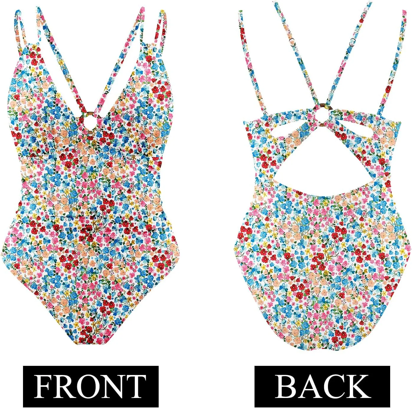 AI'MAGE Womens One Piece Swimsuit V Neck Ruched Bathing Suit Double Straps Crisscross Back Floral Print Swimwear S-XXL