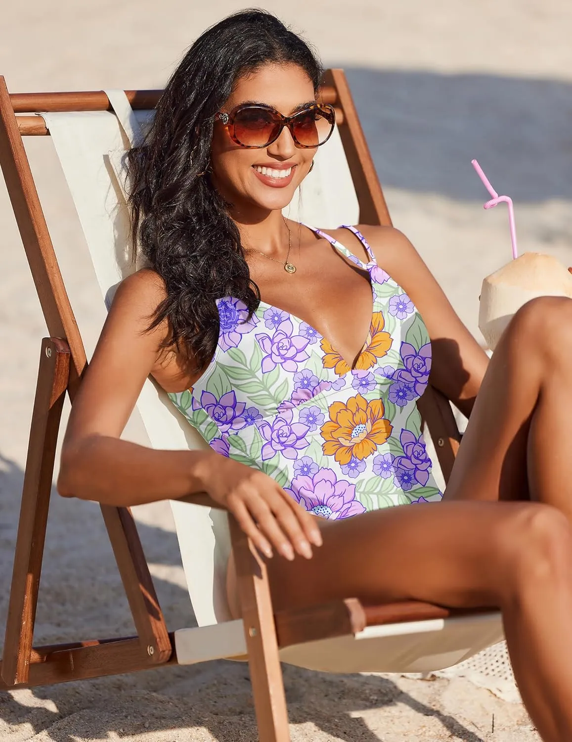 AI'MAGE Womens One Piece Swimsuit V Neck Ruched Bathing Suit Double Straps Crisscross Back Floral Print Swimwear S-XXL