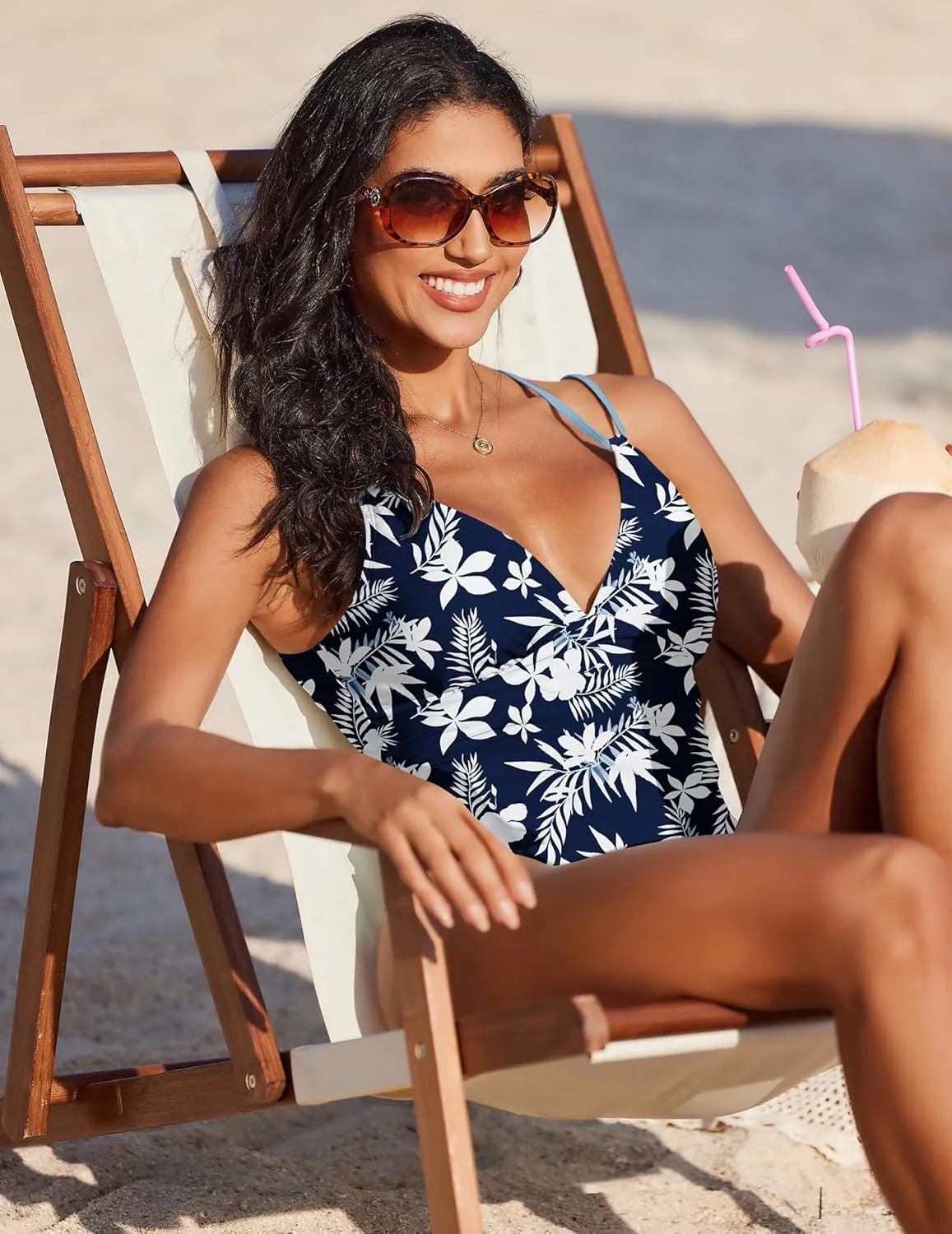 AI'MAGE Womens One Piece Swimsuit V Neck Ruched Bathing Suit Double Straps Crisscross Back Floral Print Swimwear S-XXL