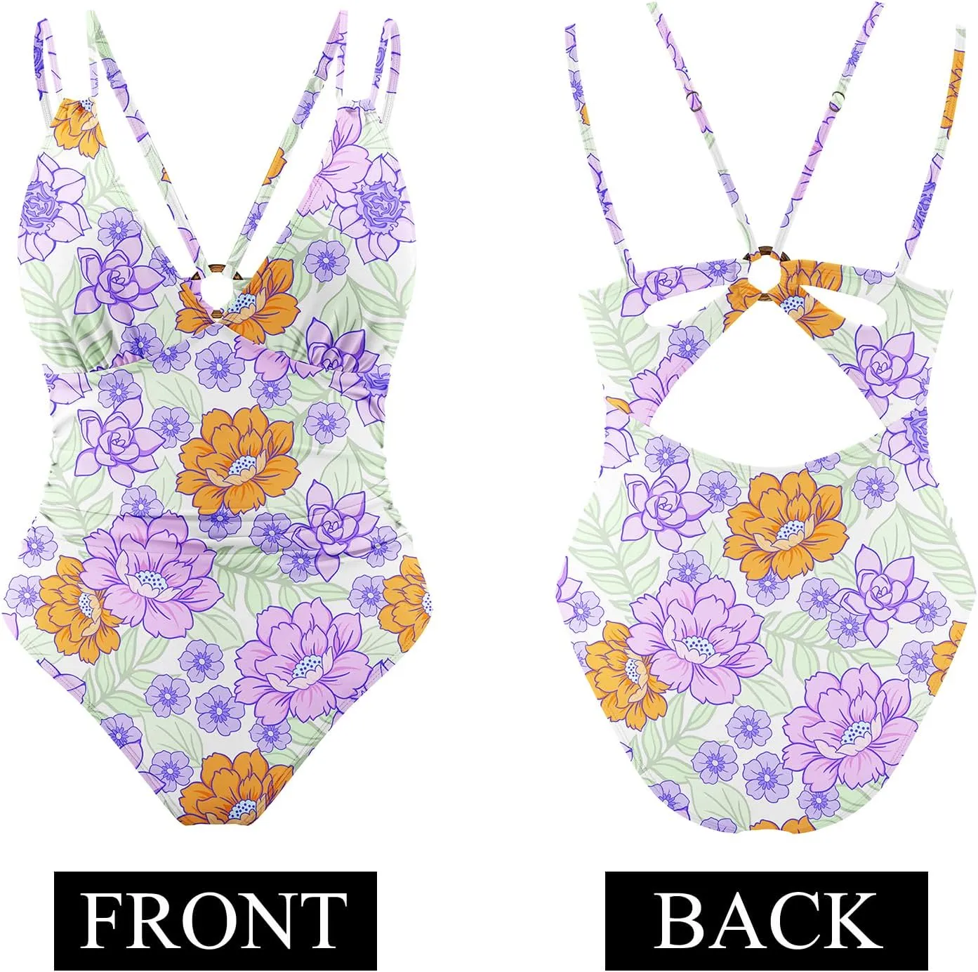 AI'MAGE Womens One Piece Swimsuit V Neck Ruched Bathing Suit Double Straps Crisscross Back Floral Print Swimwear S-XXL