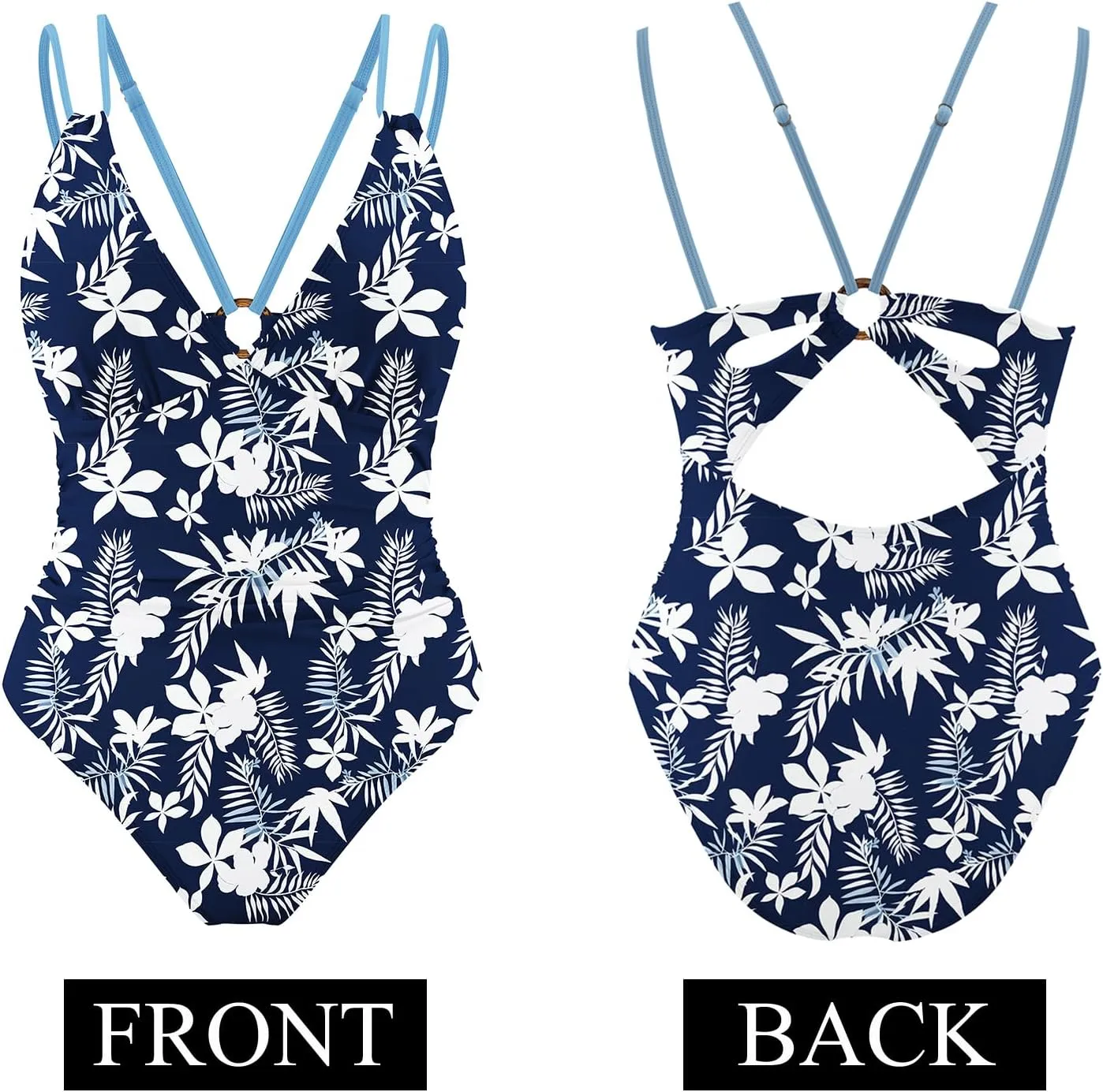 AI'MAGE Womens One Piece Swimsuit V Neck Ruched Bathing Suit Double Straps Crisscross Back Floral Print Swimwear S-XXL