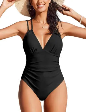 AI'MAGE Womens One Piece Swimsuit V Neck Ruched Bathing Suit Double Straps Crisscross Back Floral Print Swimwear S-XXL