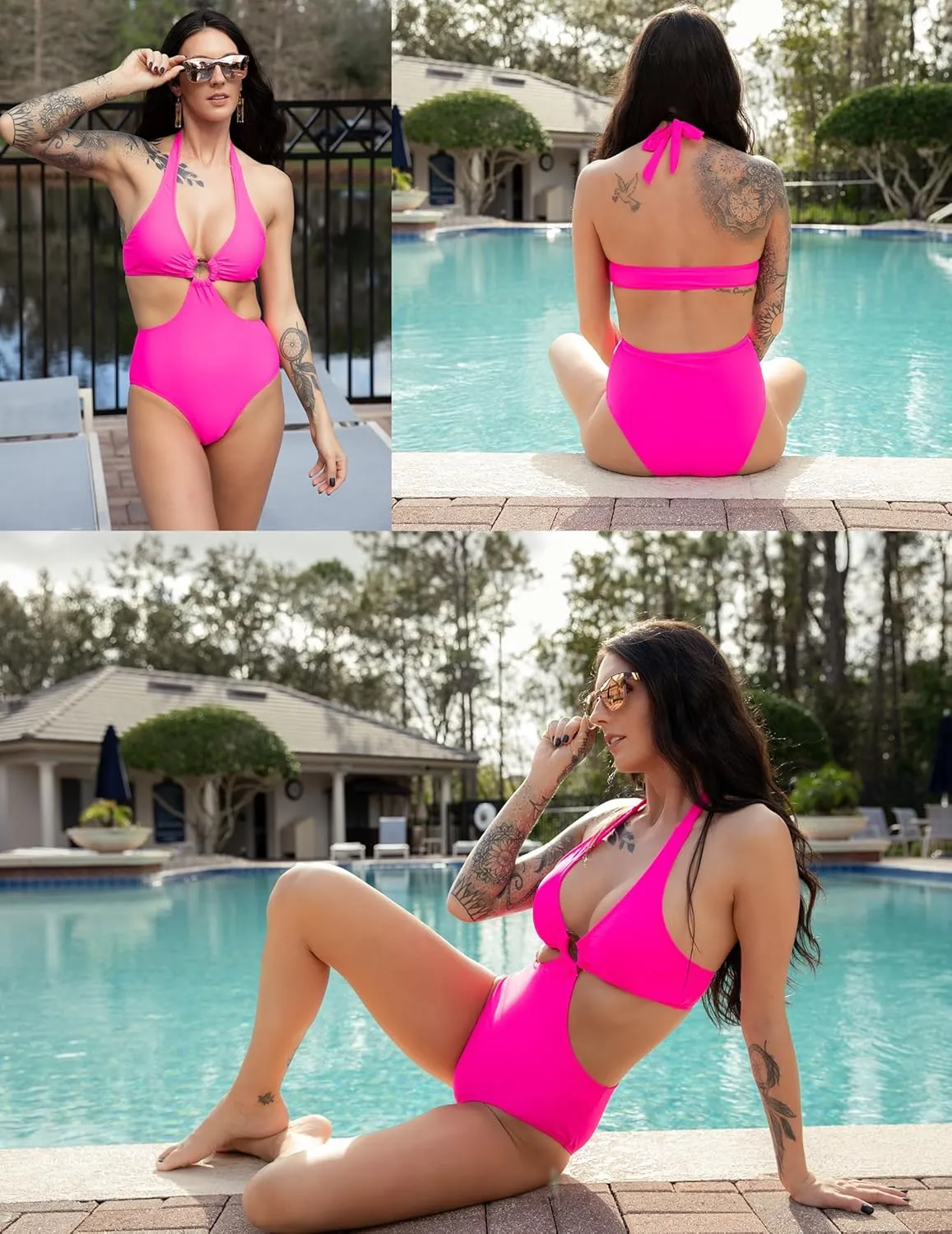 AI'MAGE Women's One Piece Swimsuits Tummy Control O Ring Cutout High Waisted Bathing Suit Tie Back Swimwear
