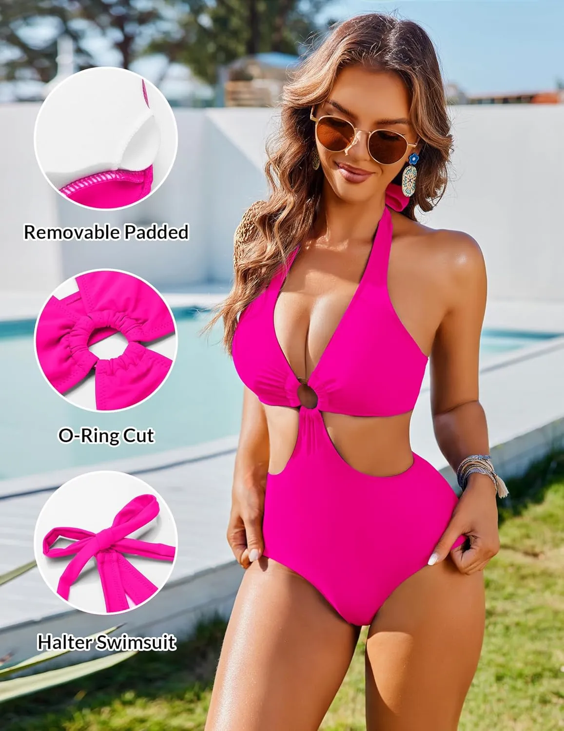 AI'MAGE Women's One Piece Swimsuits Tummy Control O Ring Cutout High Waisted Bathing Suit Tie Back Swimwear
