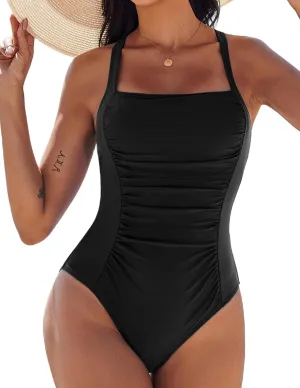 AI'MAGE Womens One Piece Swimsuits Tummy Control Ruched Slimming Bathing Suit Vintage Retro Push Up Swimwear S-XXL