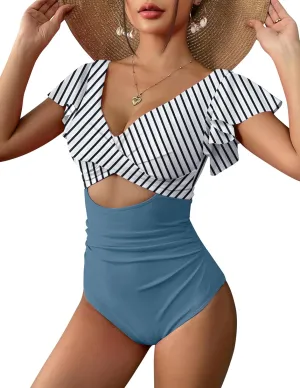 AI'MAGE Women's Ruffle One Piece Swimsuit V Neck Tummy Control Bathing Suits Cutout Backless Swimwear