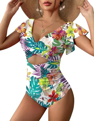AI'MAGE Women's Ruffle One Piece Swimsuit V Neck Tummy Control Bathing Suits Cutout Backless Swimwear
