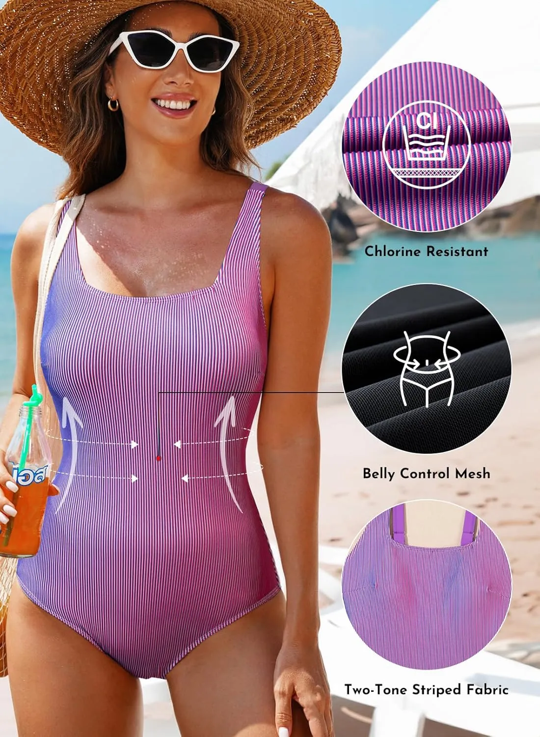 Aleumdr One Piece Swimsuit Women Tummy Control Bathing Suits Ribbed Square Neck Womens Fashion Swimwear