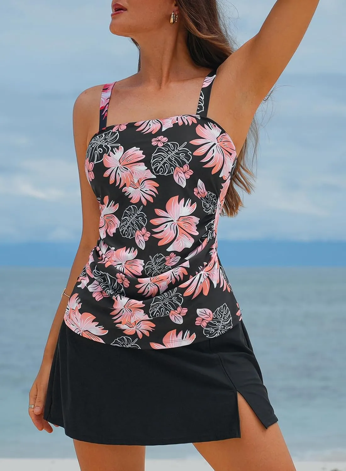 Aleumdr Women Vintage Tummy Control Two Piece Tankini Swimsuits Swimdress Push up Swimwear Bathing Suits
