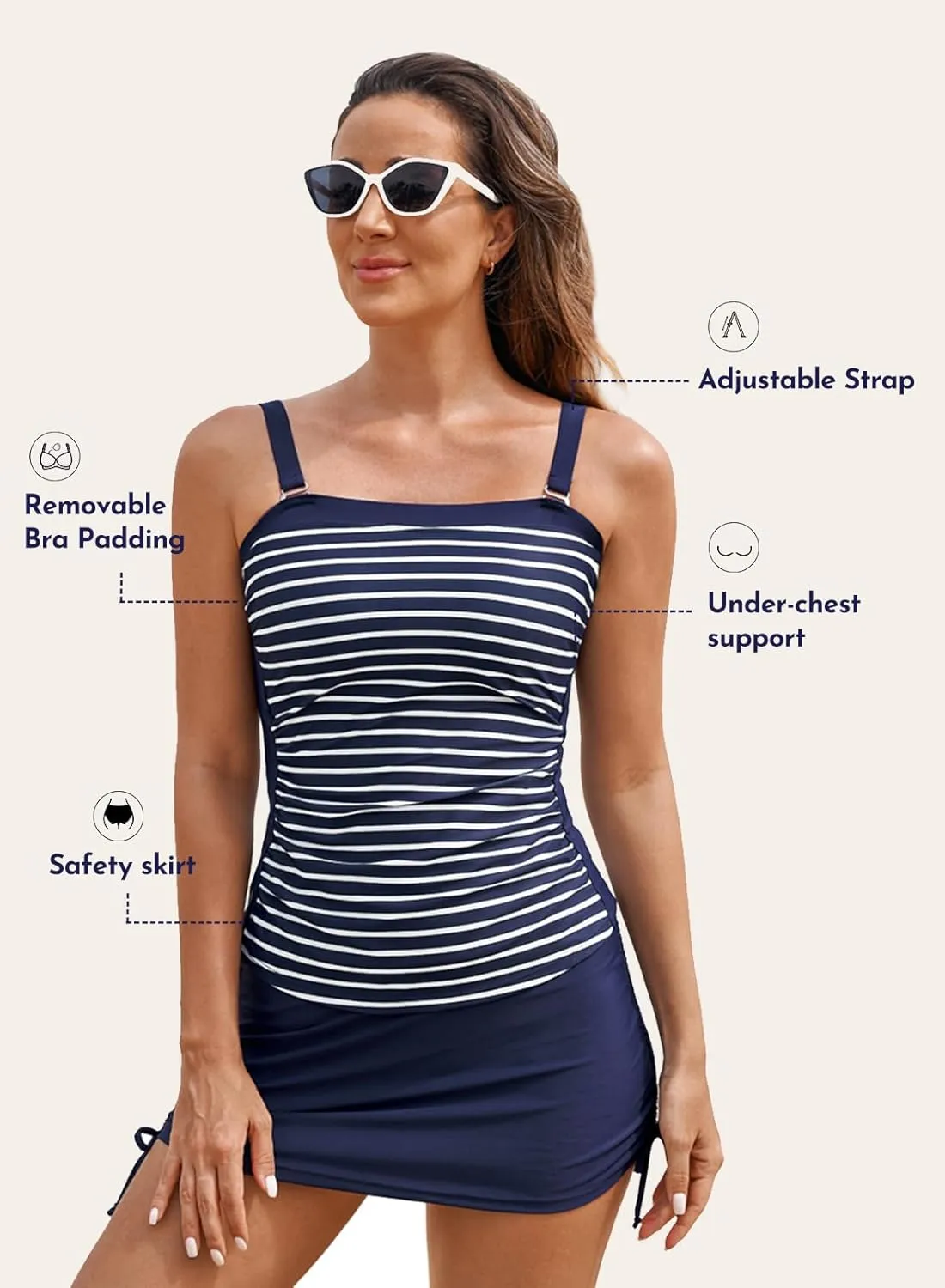 Aleumdr Womens 2 Piece Tankini Bathing Suit Modest Swim Tank Top with Skirt Ruched Slimming Tummy Control Swimsuit