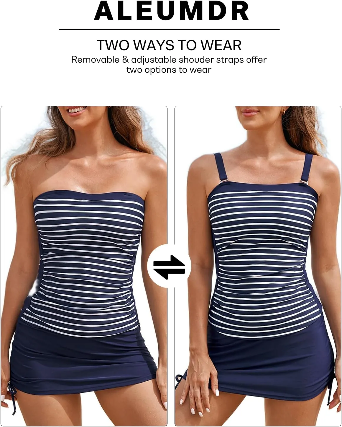 Aleumdr Womens 2 Piece Tankini Bathing Suit Modest Swim Tank Top with Skirt Ruched Slimming Tummy Control Swimsuit