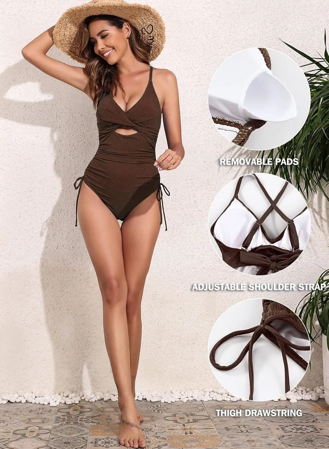 Aleumdr Women's Ribbed One Piece Swimsuit Tummy Control High Cut Bathing Suit Sexy V Neck Criss Cross Monikini