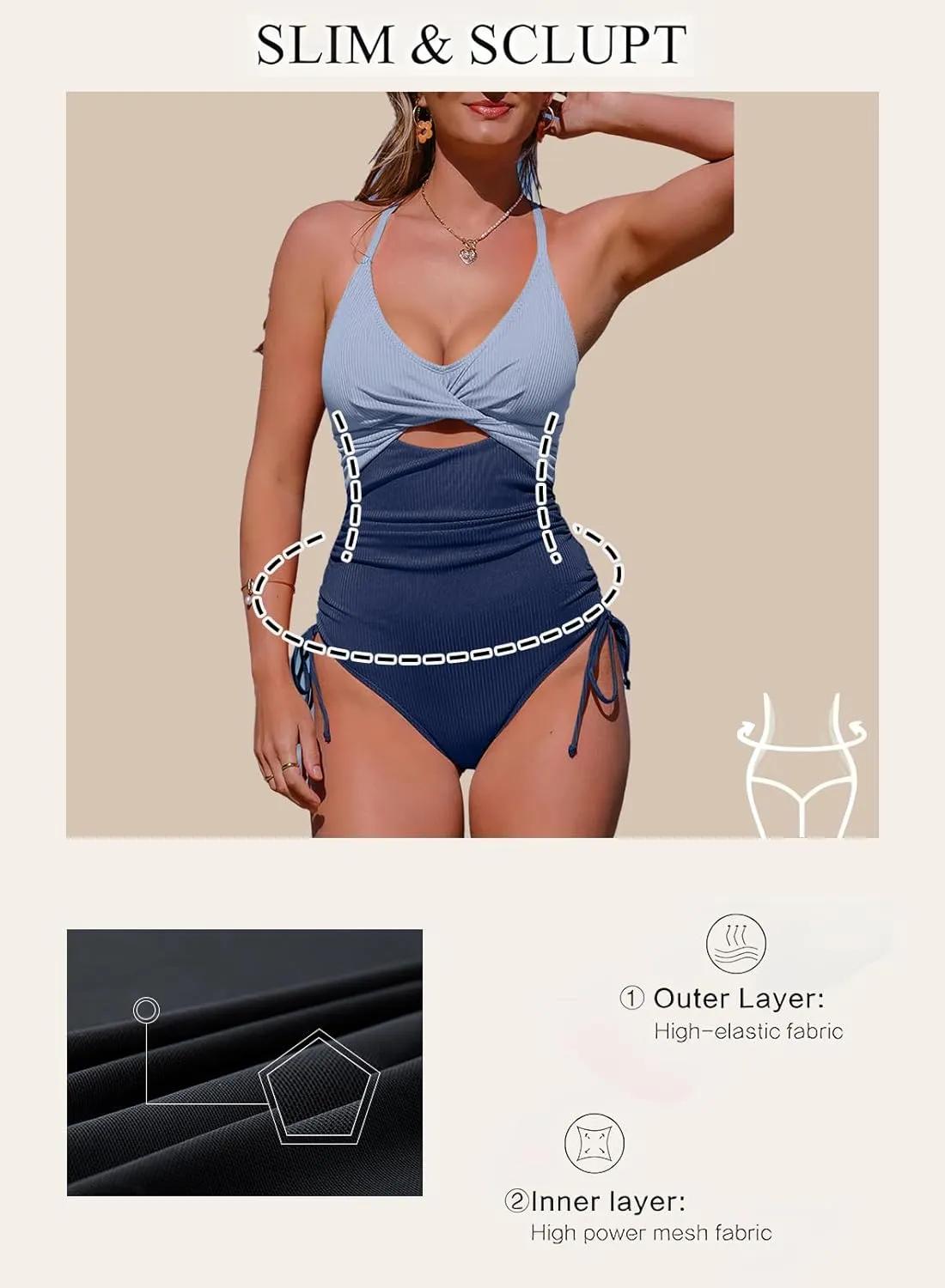 Aleumdr Women's Ribbed One Piece Swimsuit Tummy Control High Cut Bathing Suit Sexy V Neck Criss Cross Monikini
