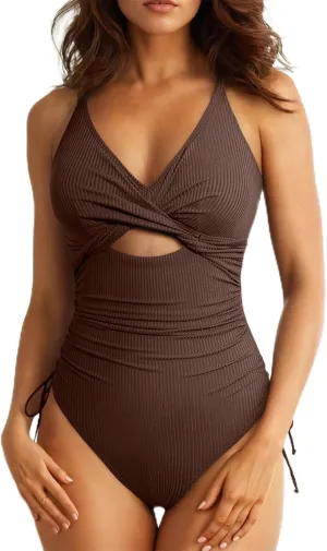 Aleumdr Women's Ribbed One Piece Swimsuit Tummy Control High Cut Bathing Suit Sexy V Neck Criss Cross Monikini