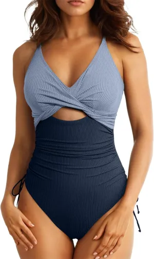 Aleumdr Women's Ribbed One Piece Swimsuit Tummy Control High Cut Bathing Suit Sexy V Neck Criss Cross Monikini