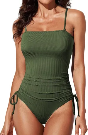 Aleumdr Women's Ribbed One Piece Tummy Control Swimsuit Cheeky Tie Side High Cut Bathing Suit Swimwear