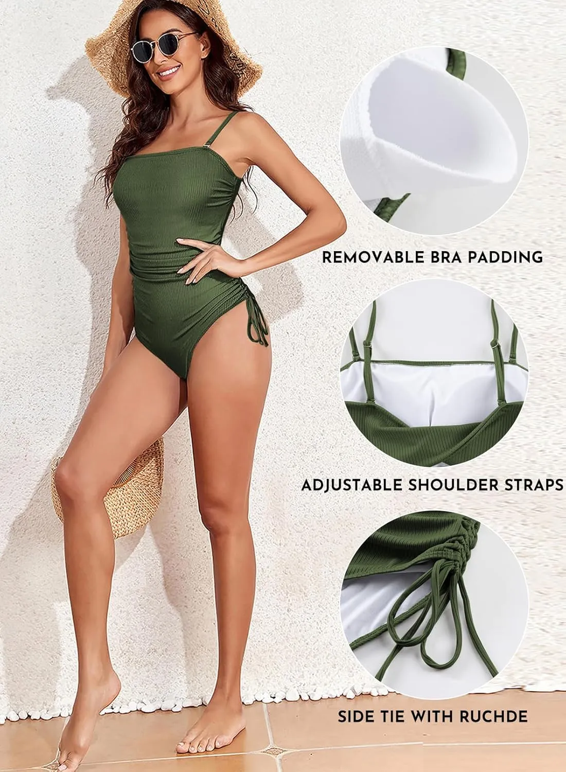 Aleumdr Women's Ribbed One Piece Tummy Control Swimsuit Cheeky Tie Side High Cut Bathing Suit Swimwear