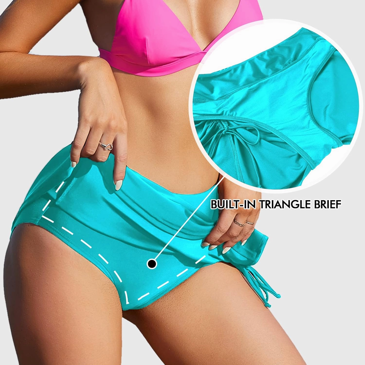 ALove Womens High Waisted Split Swim Skirt Sporty Drawstring Skirted Swim Bottom with Built-in Panty