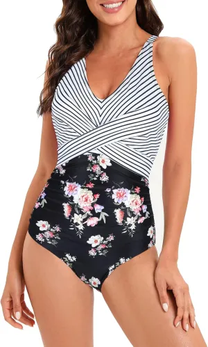 American Trends Swimsuit Women One Piece Tummy Control Bathing Suit for Women Modest V Neck Swimwear