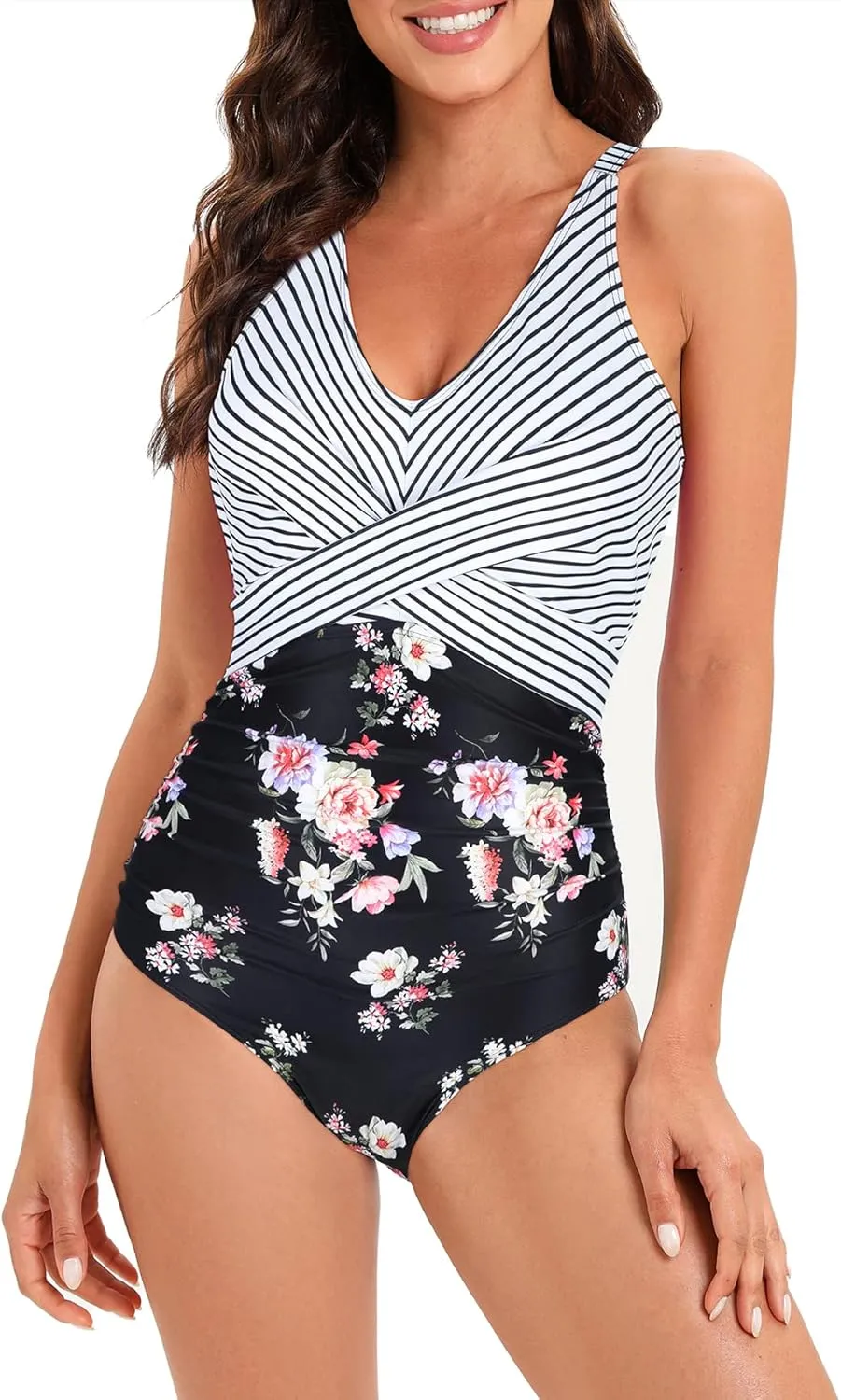 American Trends Swimsuit Women One Piece Tummy Control Bathing Suit for Women Modest V Neck Swimwear