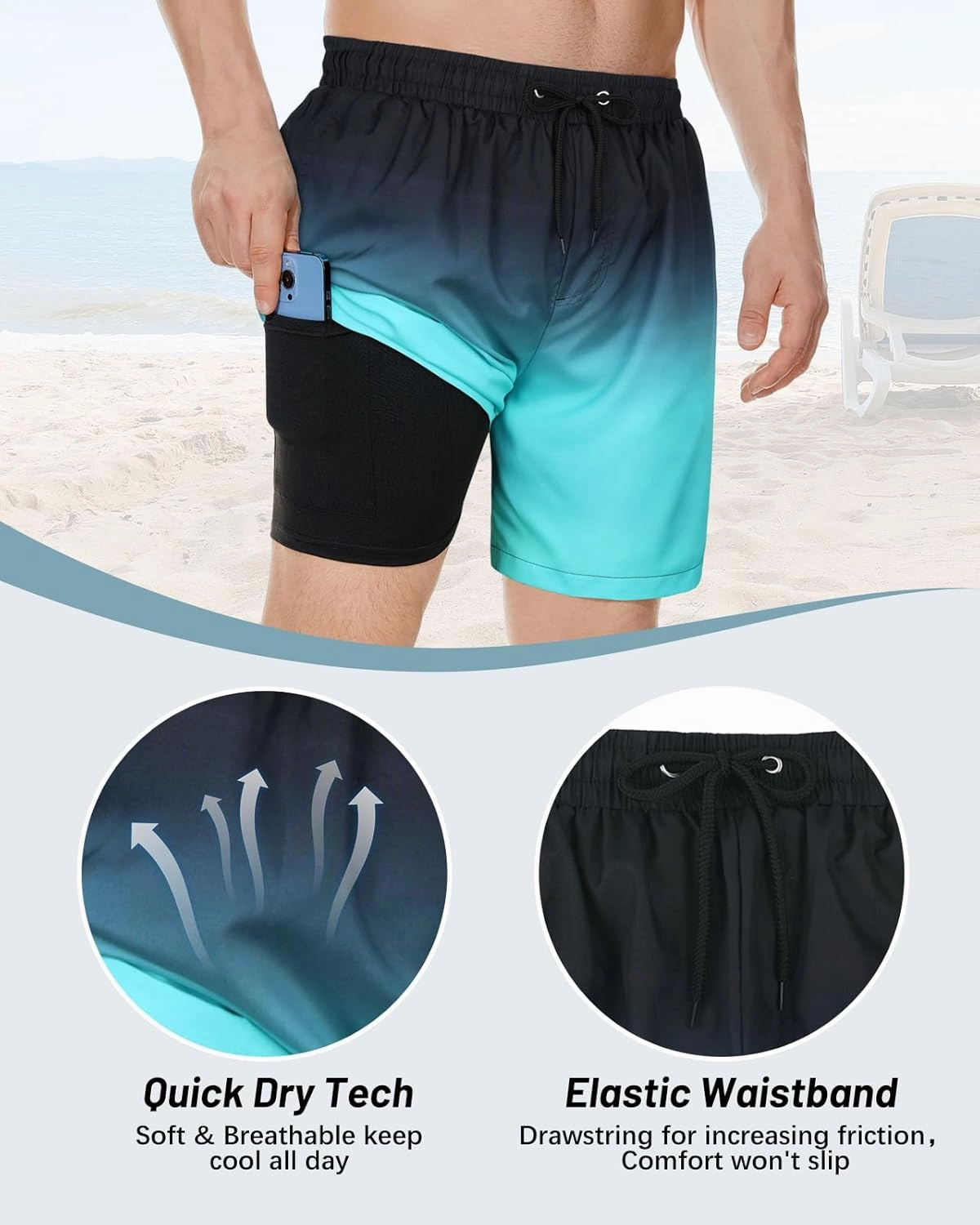 American Trends Men's Swim Trunks Board Shorts Quick Dry Mens Swimming Trunks with Compression Liner