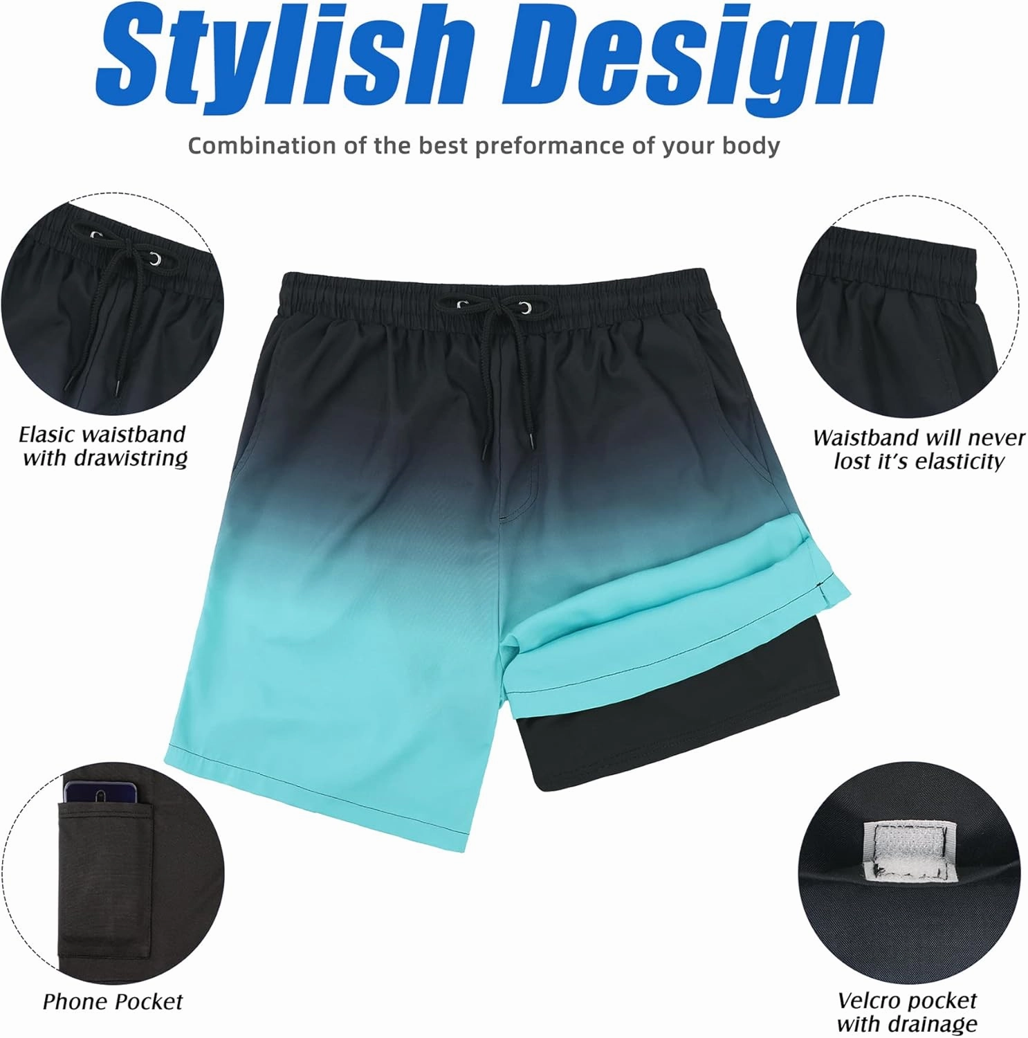 American Trends Men's Swim Trunks Board Shorts Quick Dry Mens Swimming Trunks with Compression Liner
