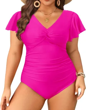 Aqua Eve Plus Size One Piece Swimsuit with Sleeve Tummy Control Bathing Suit Ruffle Vintage Swimwear